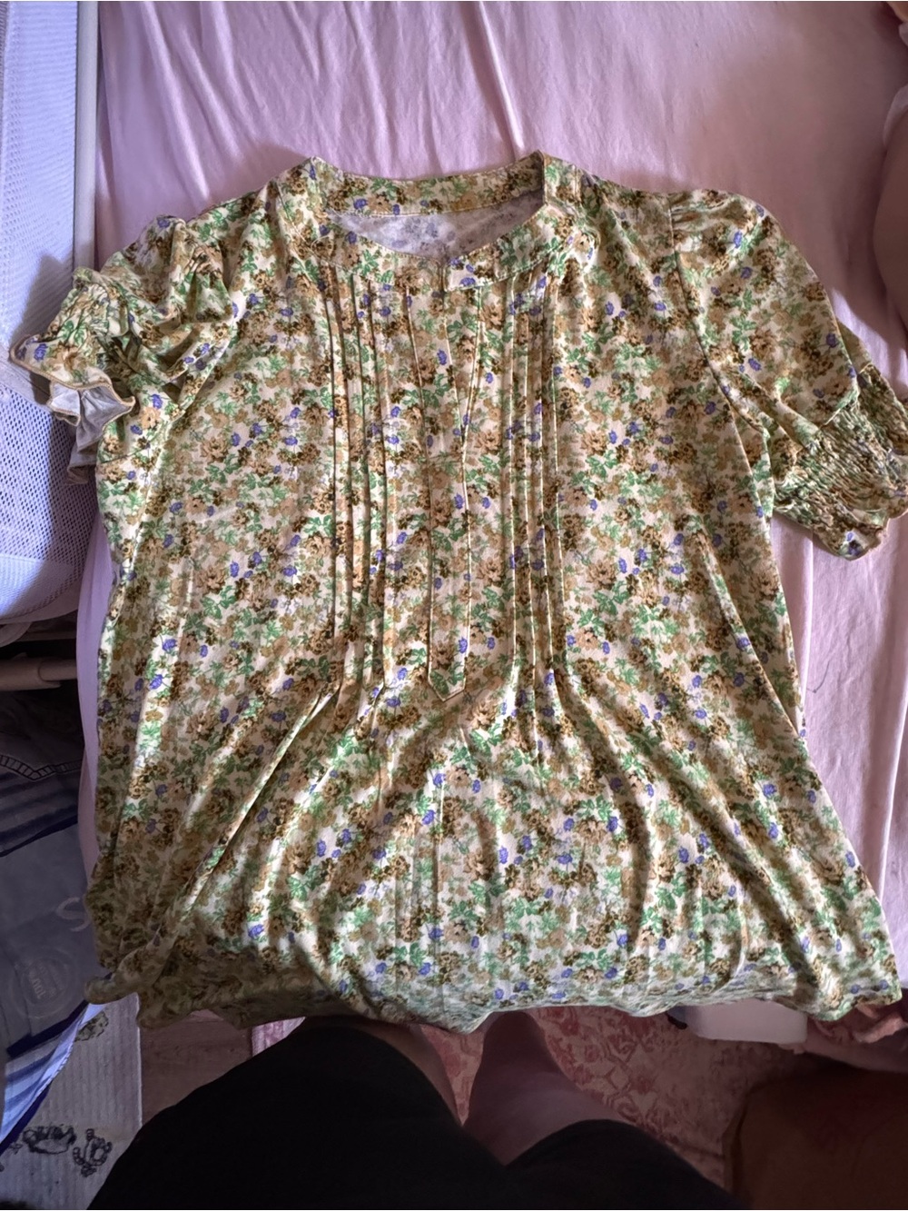 Yellow Floral Pintuck Short Sleeve Blouse